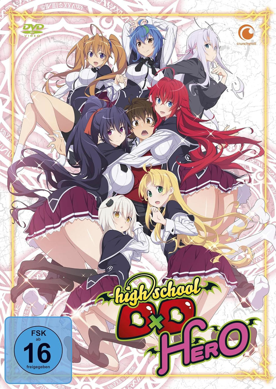 DVD-Hülle von High School DxD Hero mit mehreren Anime-Charakteren. Es hat eine Altersfreigabe von 16.