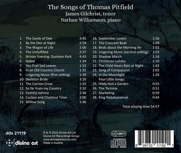 CD-Rückseite mit Titelliste und Informationen zu Thomas Pitfield, James Gilchrist und Nathan Williamson.