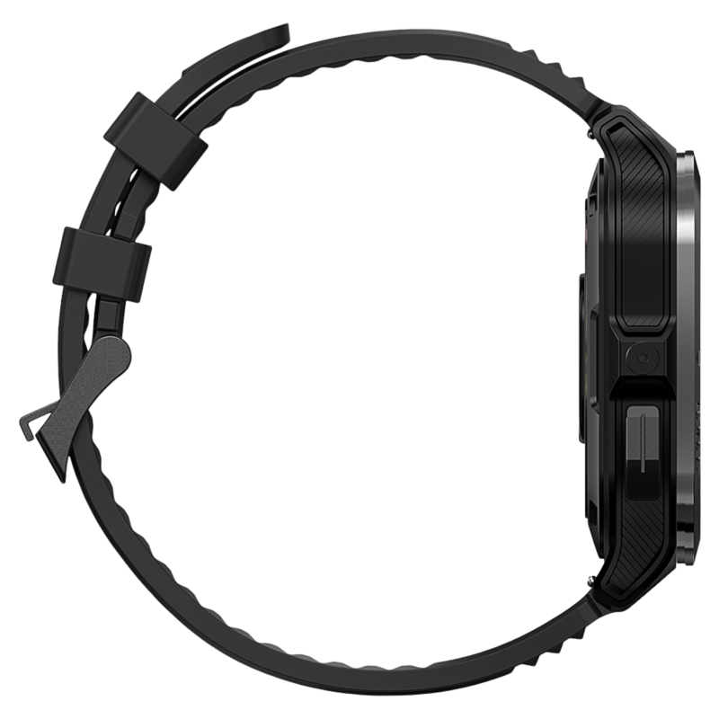 Czarny smartwatch. Wyświetla profil boczny z czarnym paskiem i bocznymi przyciskami.