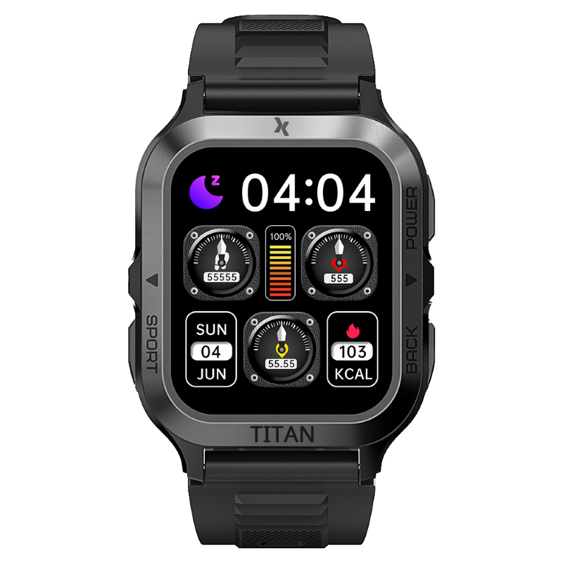 Czarny smartwatch Titan wyświetlający godzinę, baterię, aktywność i datę.
