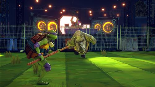 Las Tortugas Ninja luchando en un escenario de concierto. Luces de escenario encendidas.
