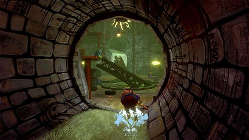 Una escena de túnel de alcantarillado con figuras en la distancia, vista a través de una abertura circular.