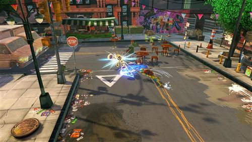 Una escena de videojuego en una calle de la ciudad con personajes luchando y usando efectos de luz.