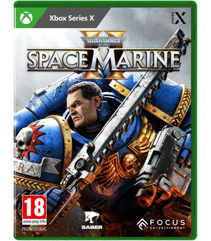 Caja de juego de Xbox. Un Space Marine con un arma. Título del juego: Warhammer 40,000: Space Marine 2.
