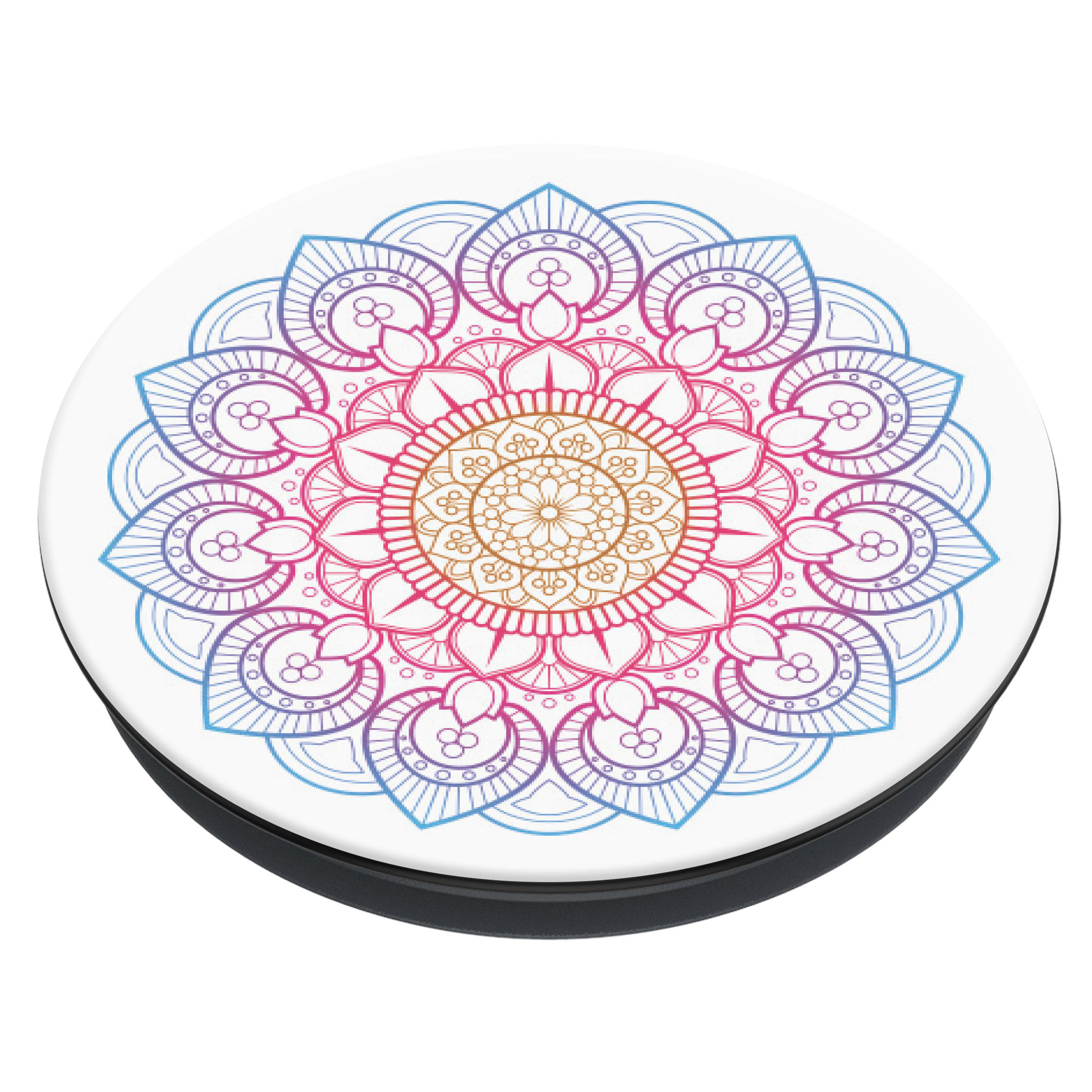 Ein Mandala-Design in verschiedenen Farben auf weißem Hintergrund.