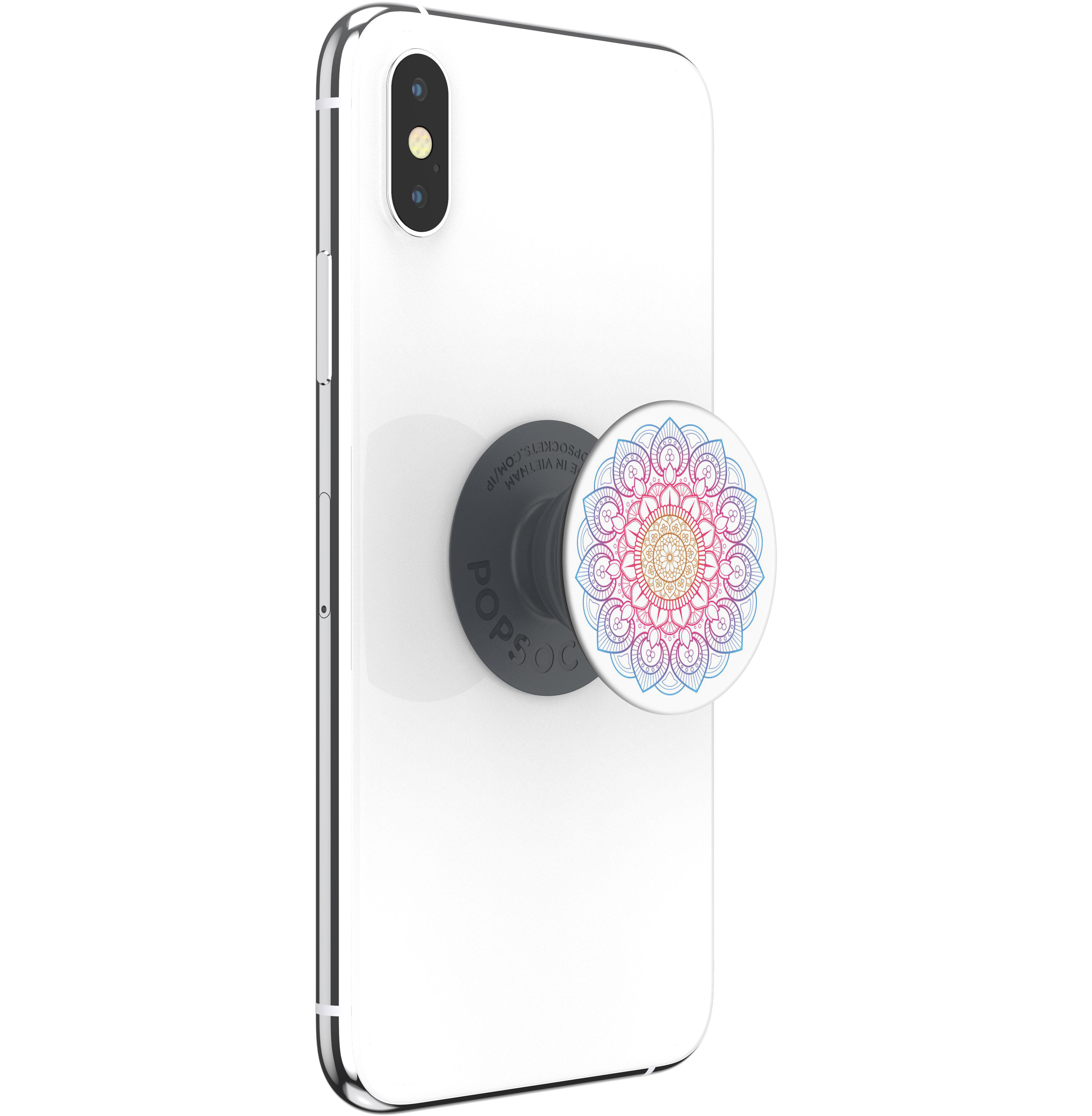 Weißes Telefon mit einem Mandala-Popsocket auf der Rückseite.