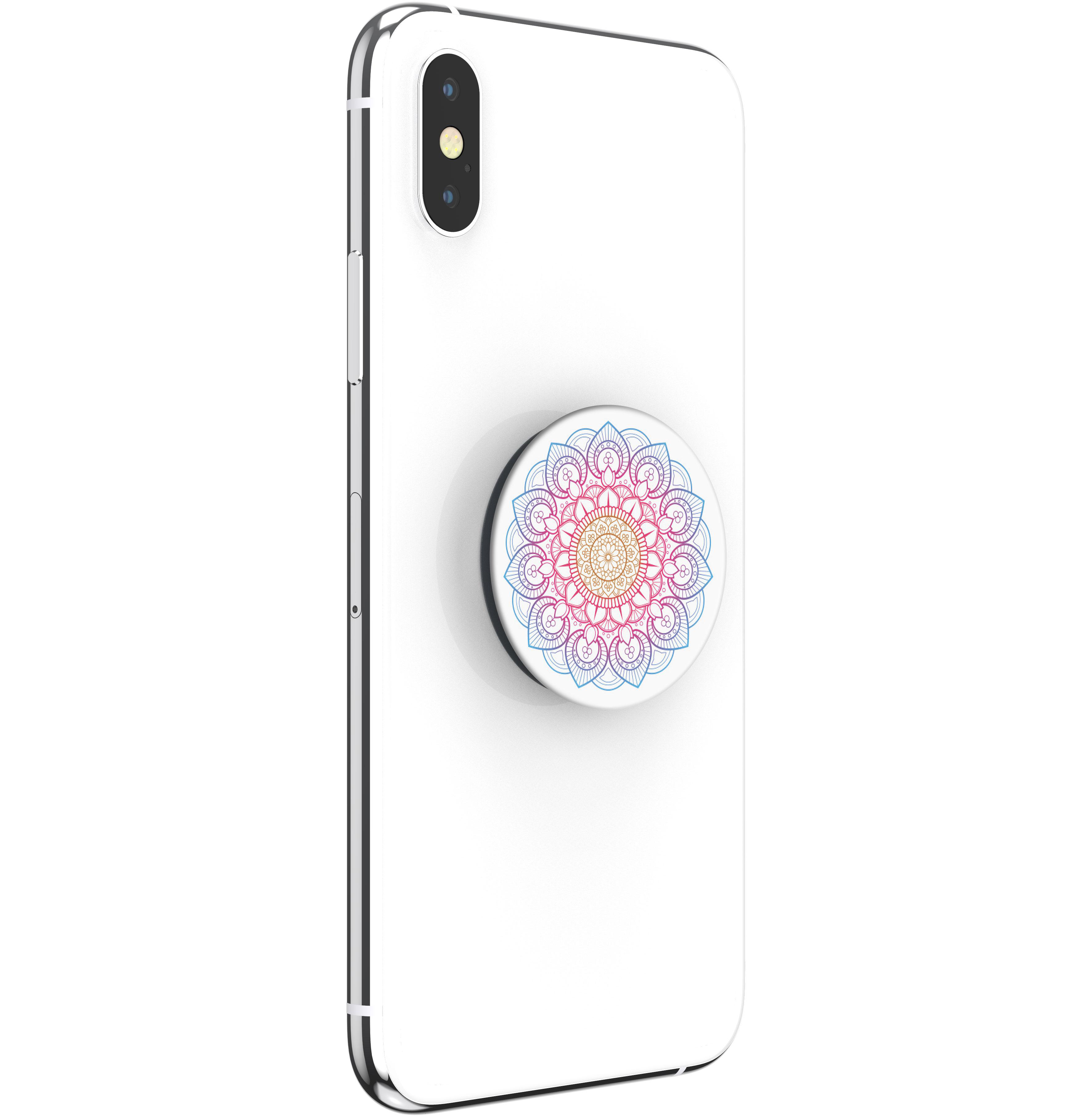 Weißes Smartphone mit einem Mandala-PopSocket. Der PopSocket ist bunt mit floralem Design.