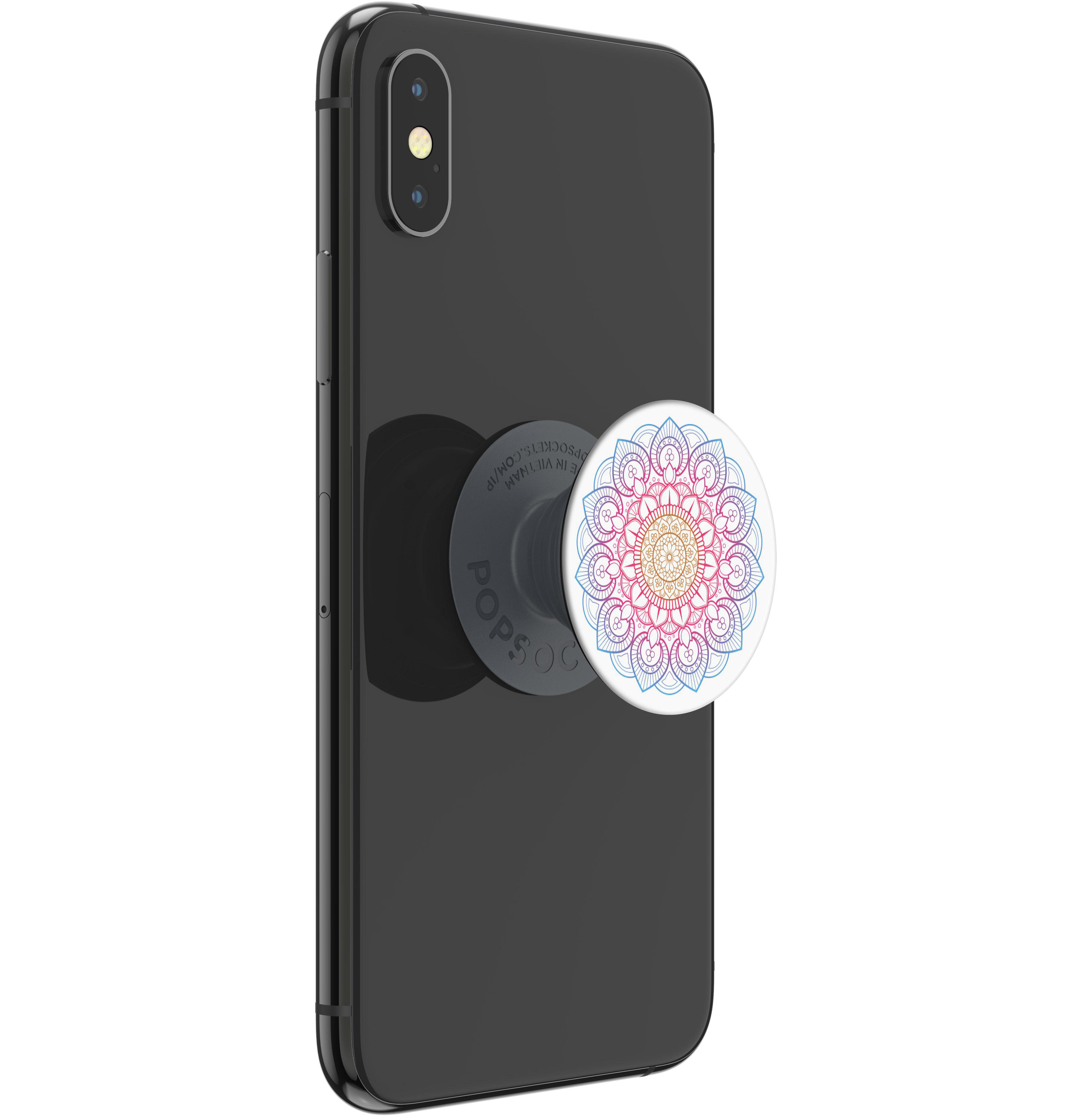 Schwarzes Smartphone mit einem farbenfrohen Mandala-Design Popsocket auf der Rückseite.