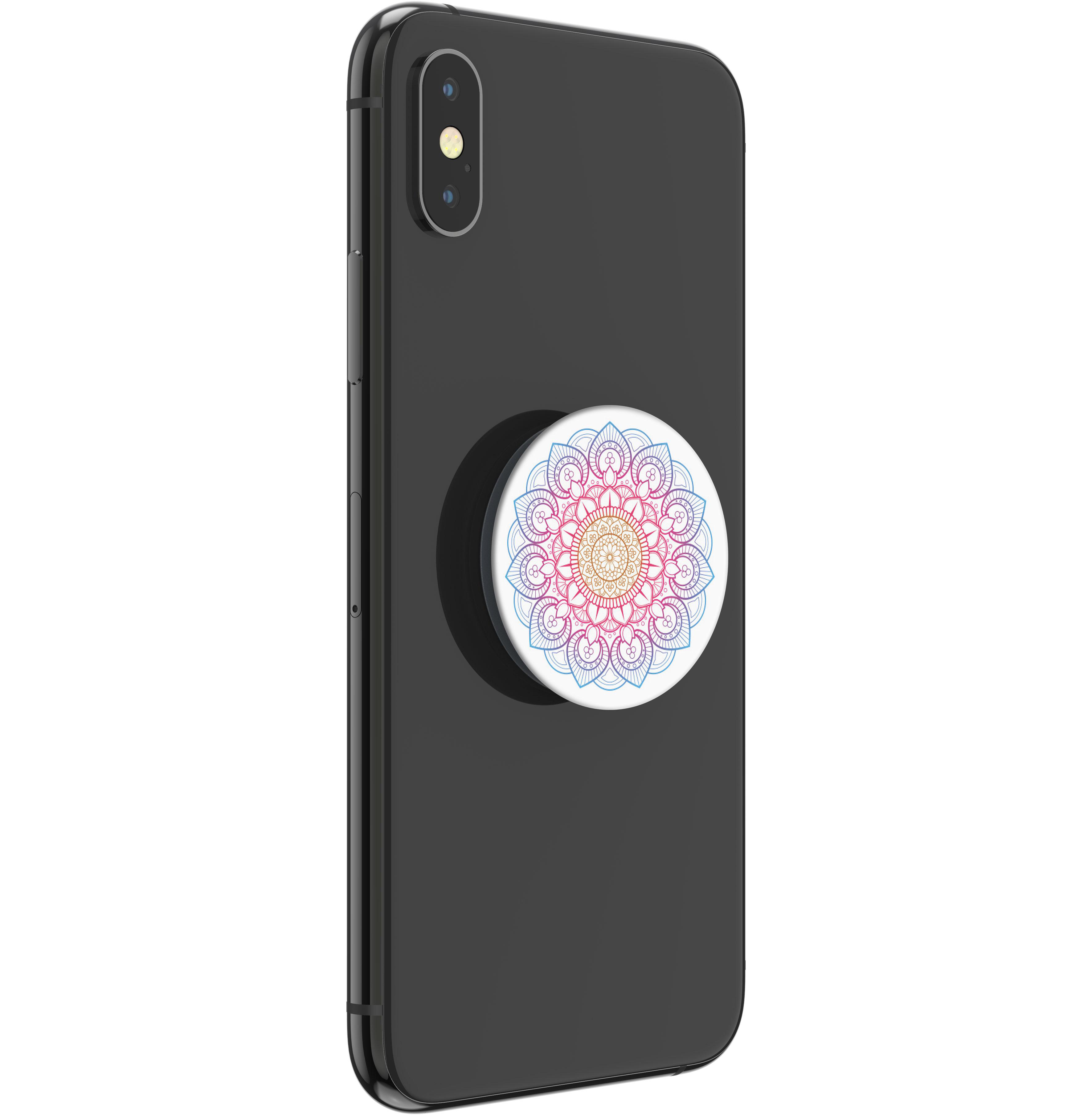Schwarzes Telefon mit einem Mandala-Pop-Socket, mit einem weißen, farbenfrohen Design.