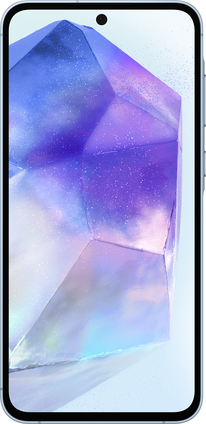 Okostelefon, kristályszerű grafikát mutat a képernyőn. A telefon kék.