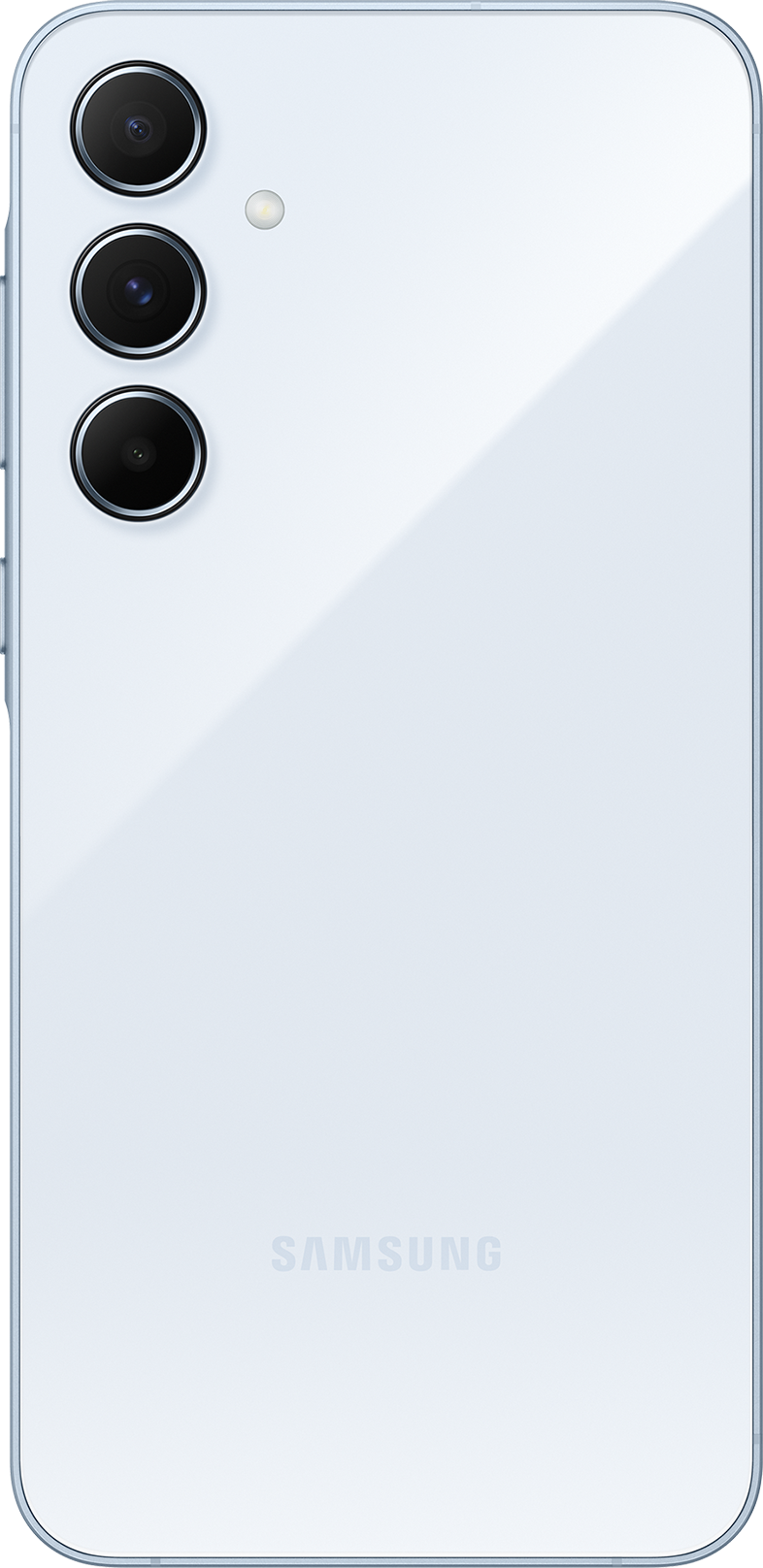 Világoskék telefon több hátlapi kamerával és Samsung logóval.