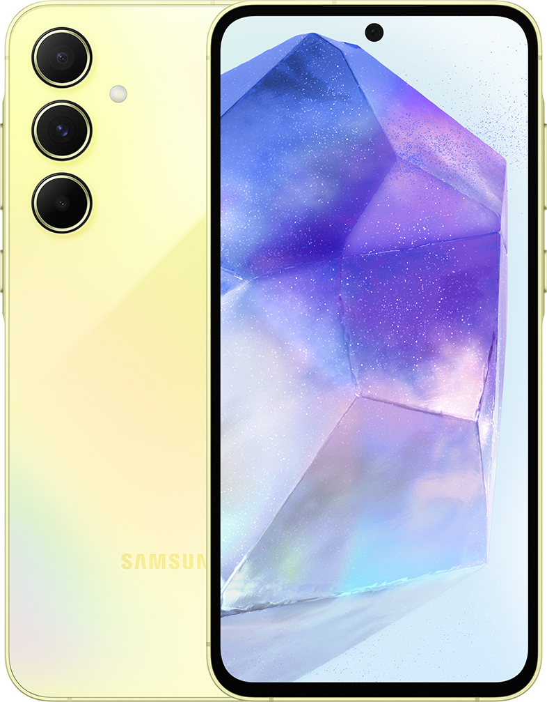 Sárga telefon, három hátsó kamera, kristályszerű képernyő, Samsung logó, világossárga keret, fehér háttér.