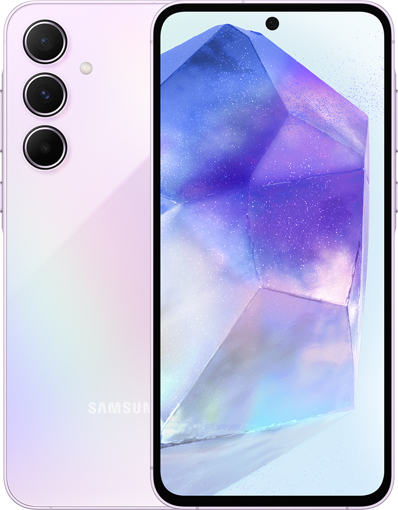 Egy világos lila Samsung okostelefon, három hátsó kamerával és kristályszerű képernyővel.