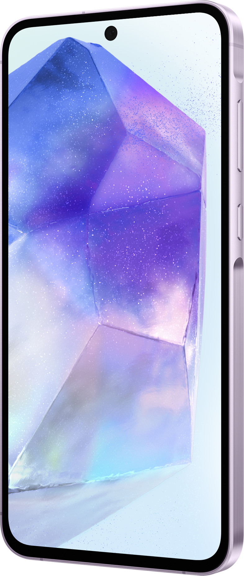 Egy lila telefon texturált, kristályszerű hátlappal. A képernyő látható, és a telefon ferdén van.