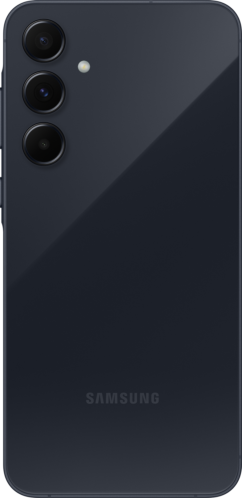 Egy sötétkék okostelefon hátulja, három kamerával és Samsung logóval.