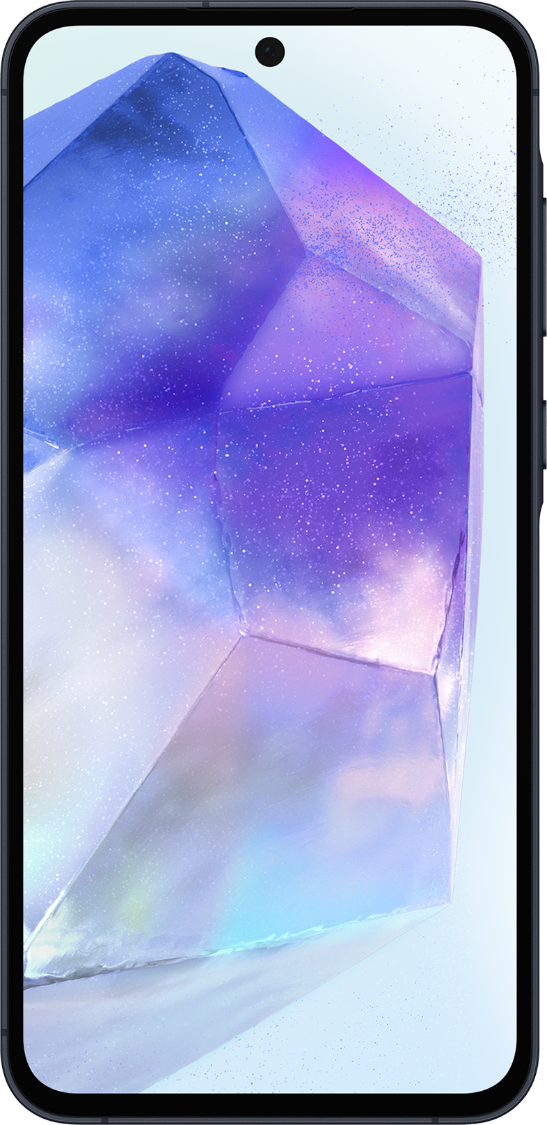 Egy okostelefon kék és lila kristályszerű dizájnnal a kijelzőn. A telefon fekete.