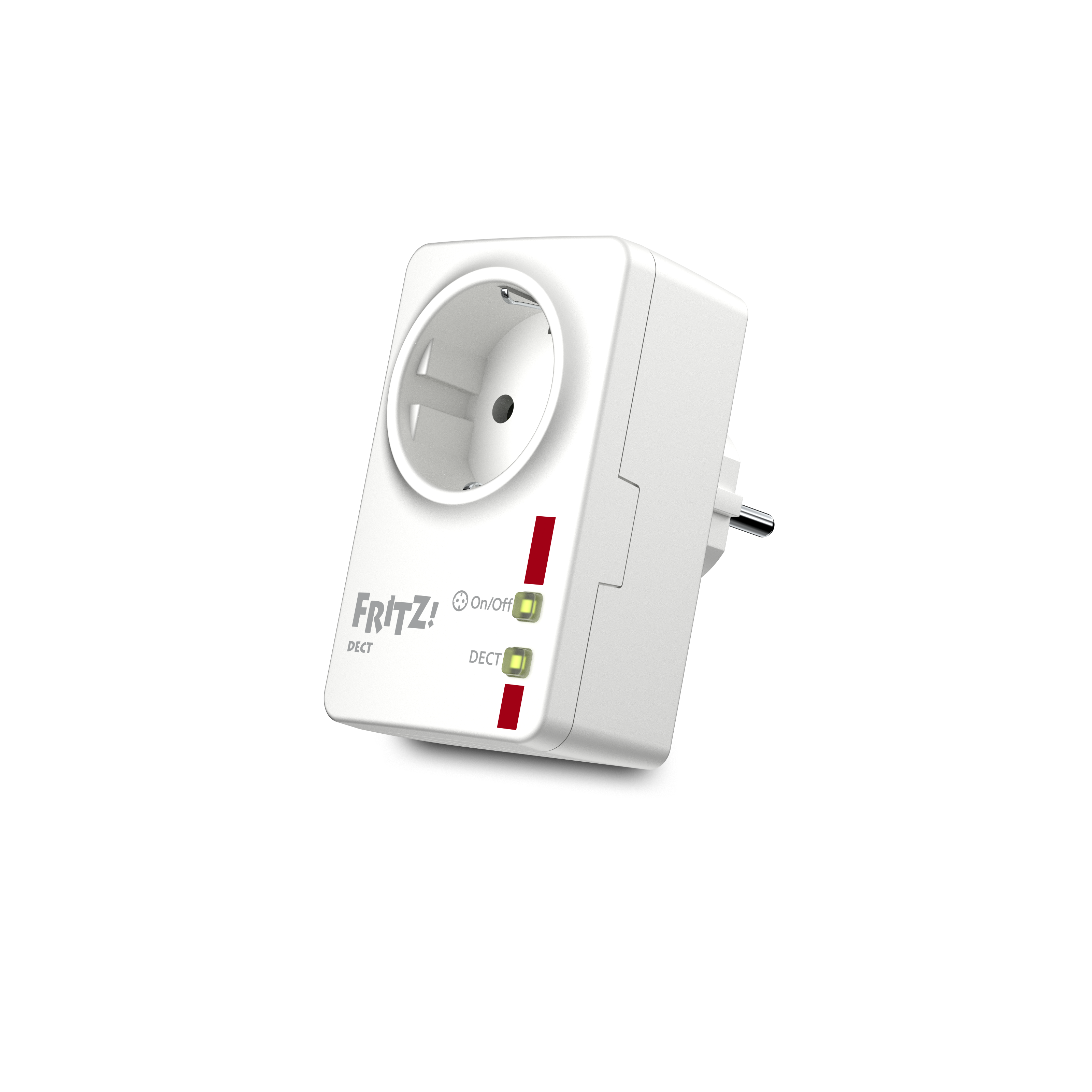 Weißer FRITZ! DECT-Smart-Plug mit roten Ein/Aus-Lichtern und einem deutschen Stecker.