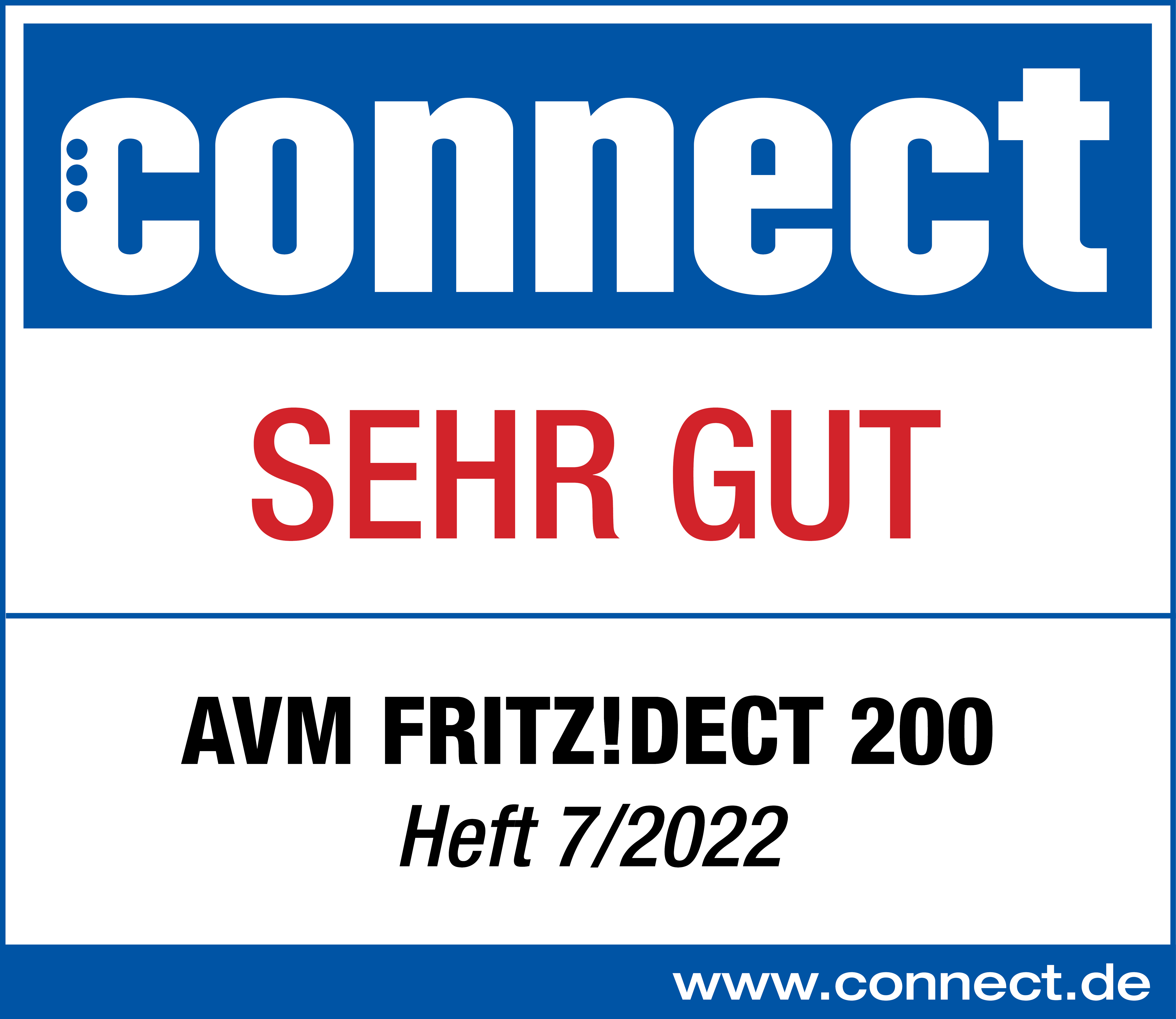 Connect-Magazin-Cover mit Text: SEHR GUT, AVM FRITZ!DECT 200, Heft 7/2022.
