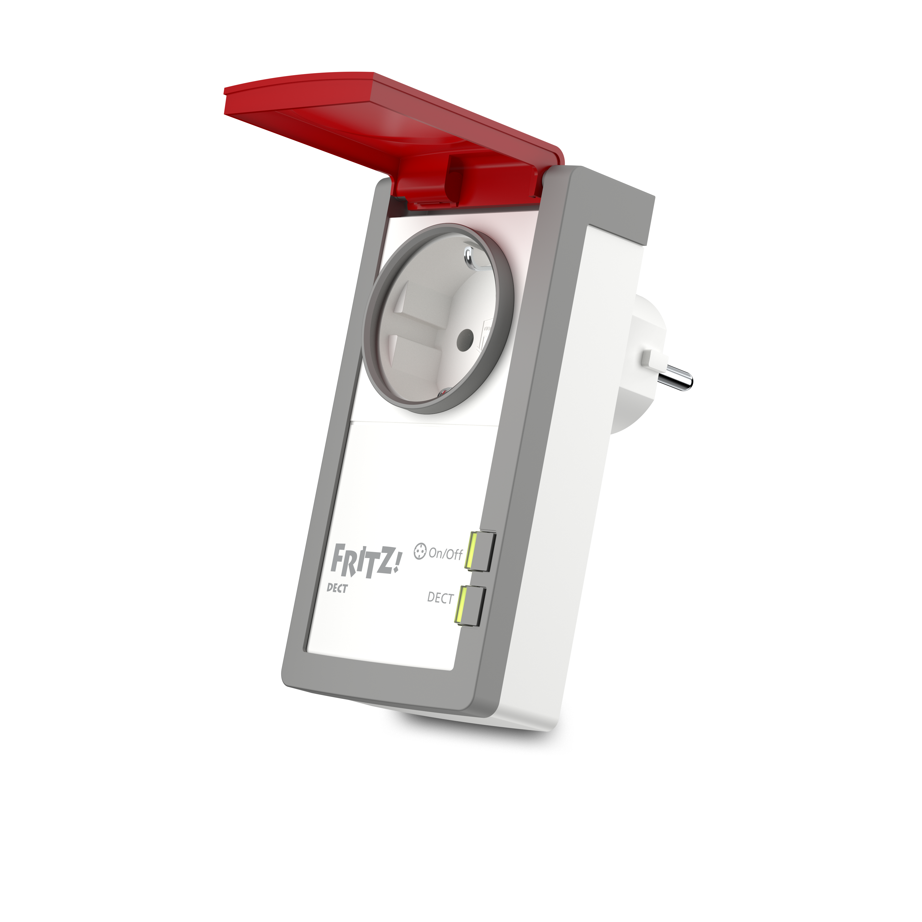 Ein weißer, grauer und roter Smart Plug mit rotem Deckel und grünen und gelben Lichtern.