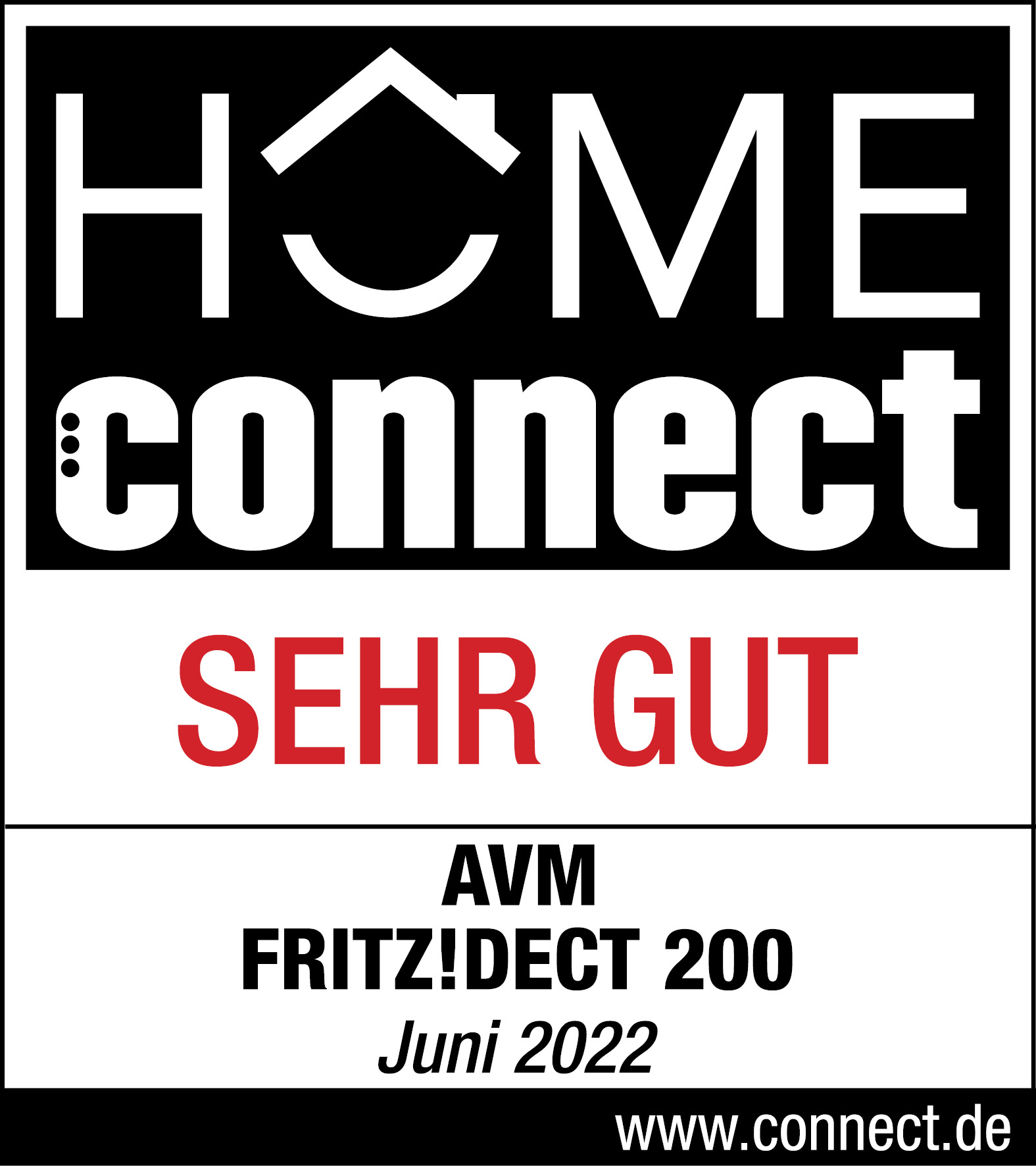 Ein schwarz-weißes Label mit der Aufschrift 'HOME connect' und 'SEHR GUT' mit einem Produktnamen.