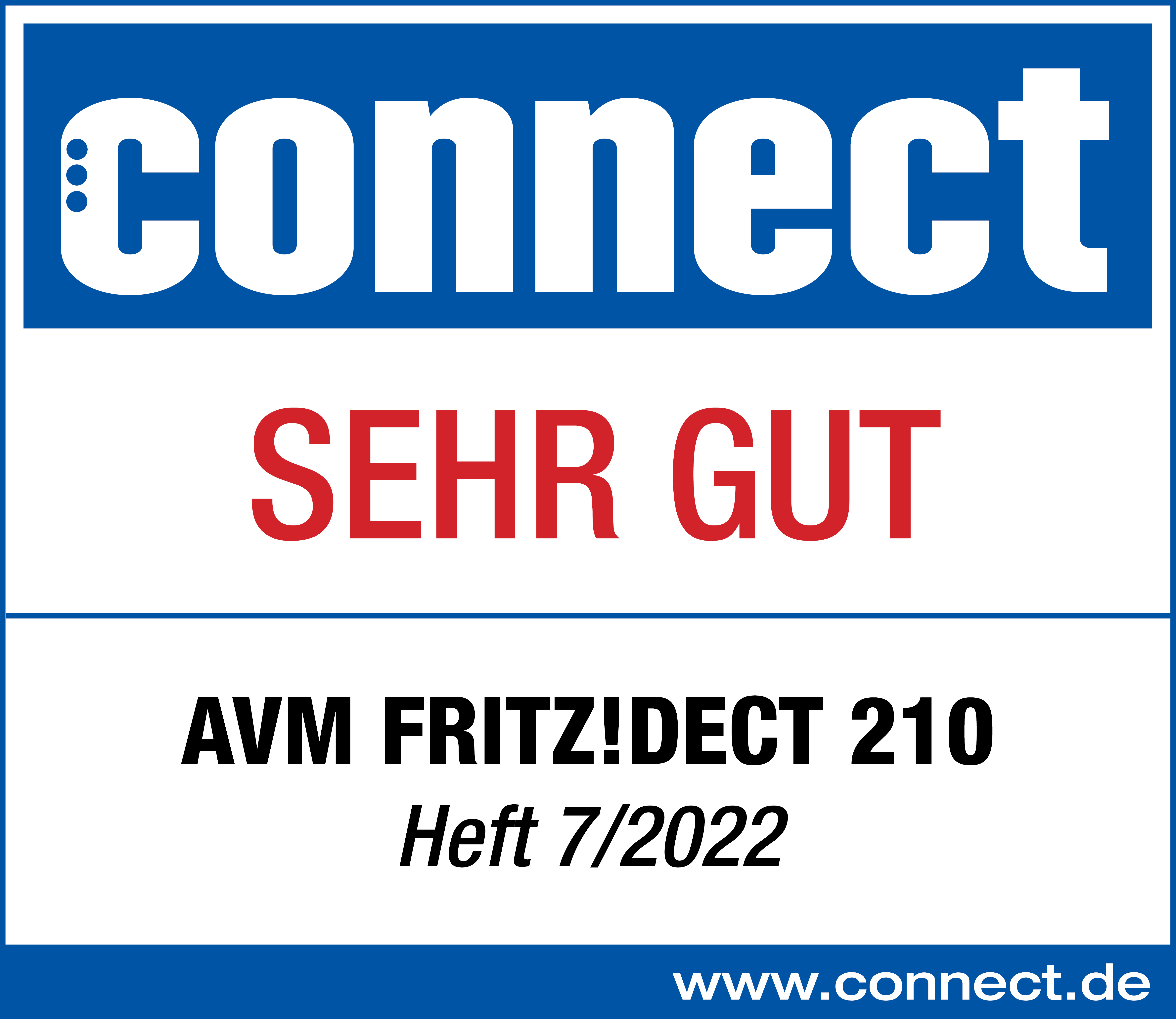 Ein Connect-Test zeigt die Bewertung 'SEHR GUT' für einen AVM FRITZ!DECT 210.