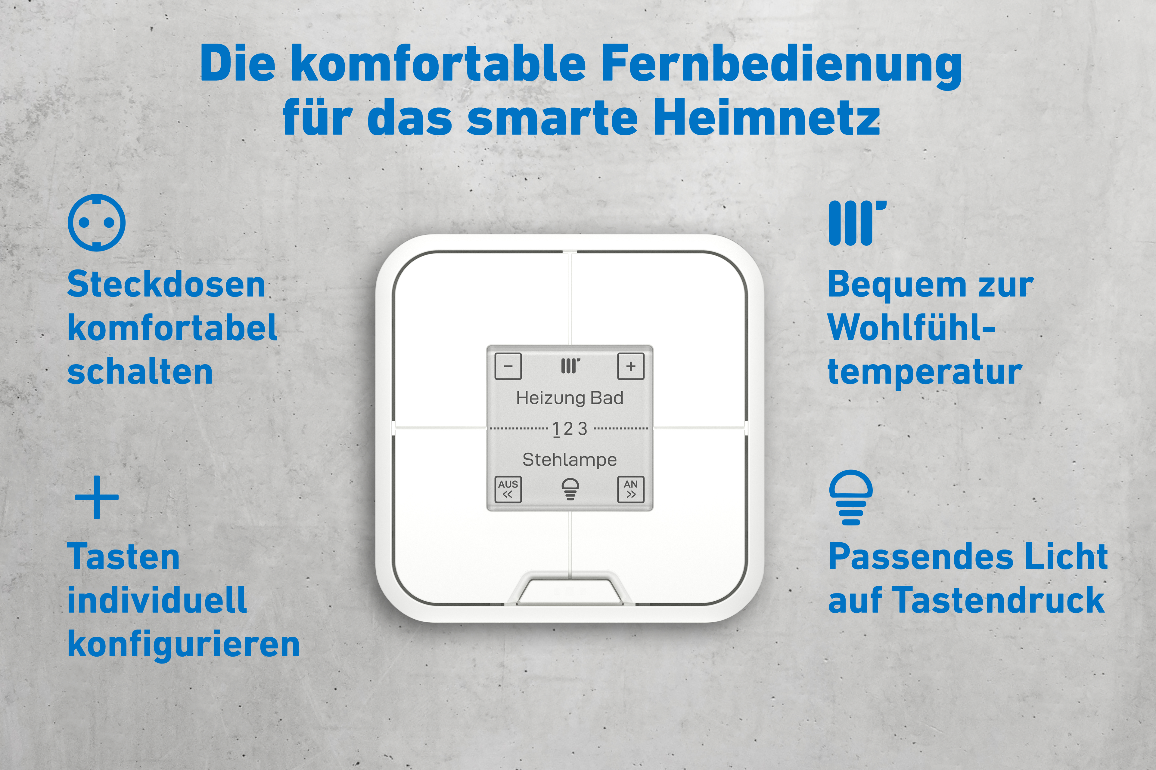 Eine weiße Smart-Home-Fernbedienung mit Text und Symbolen auf der Vorderseite.