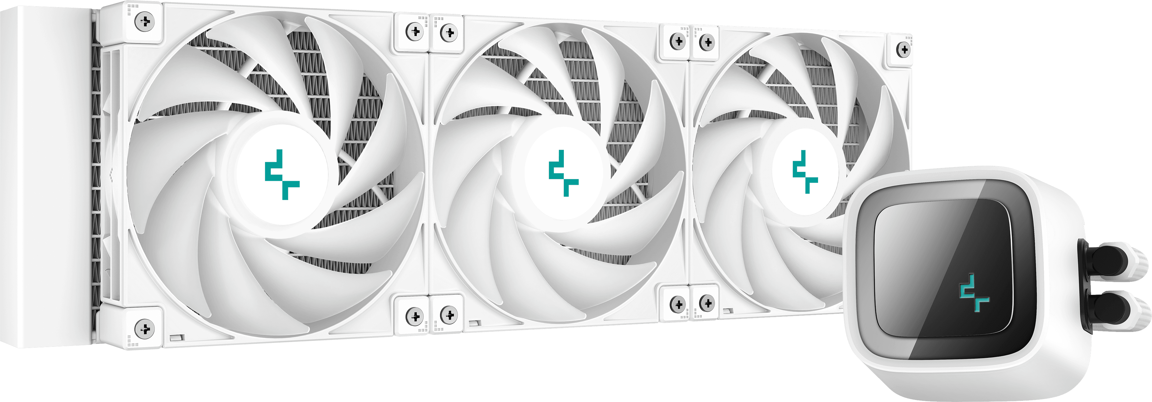 Fehér számítógépes hűtőrendszer három ventilátorral és egy szivattyúval.