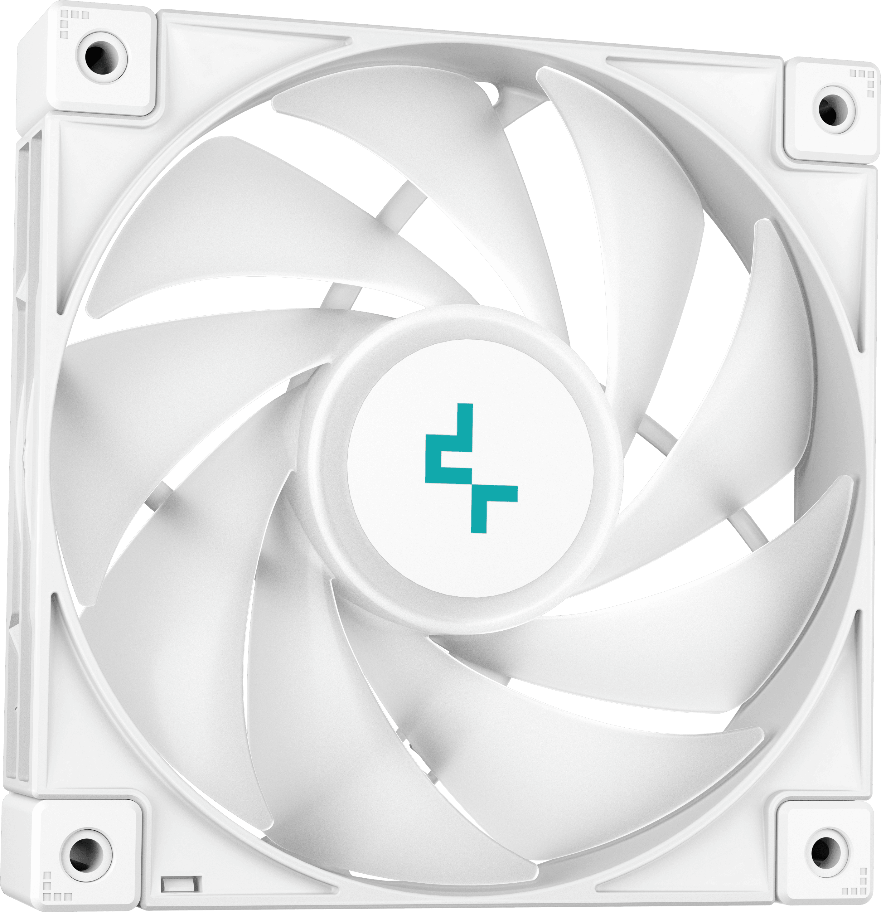 Egy fehér számítógép-ventilátor, hét ívelt pengével, egy központi agy körül, türkiz logóval.