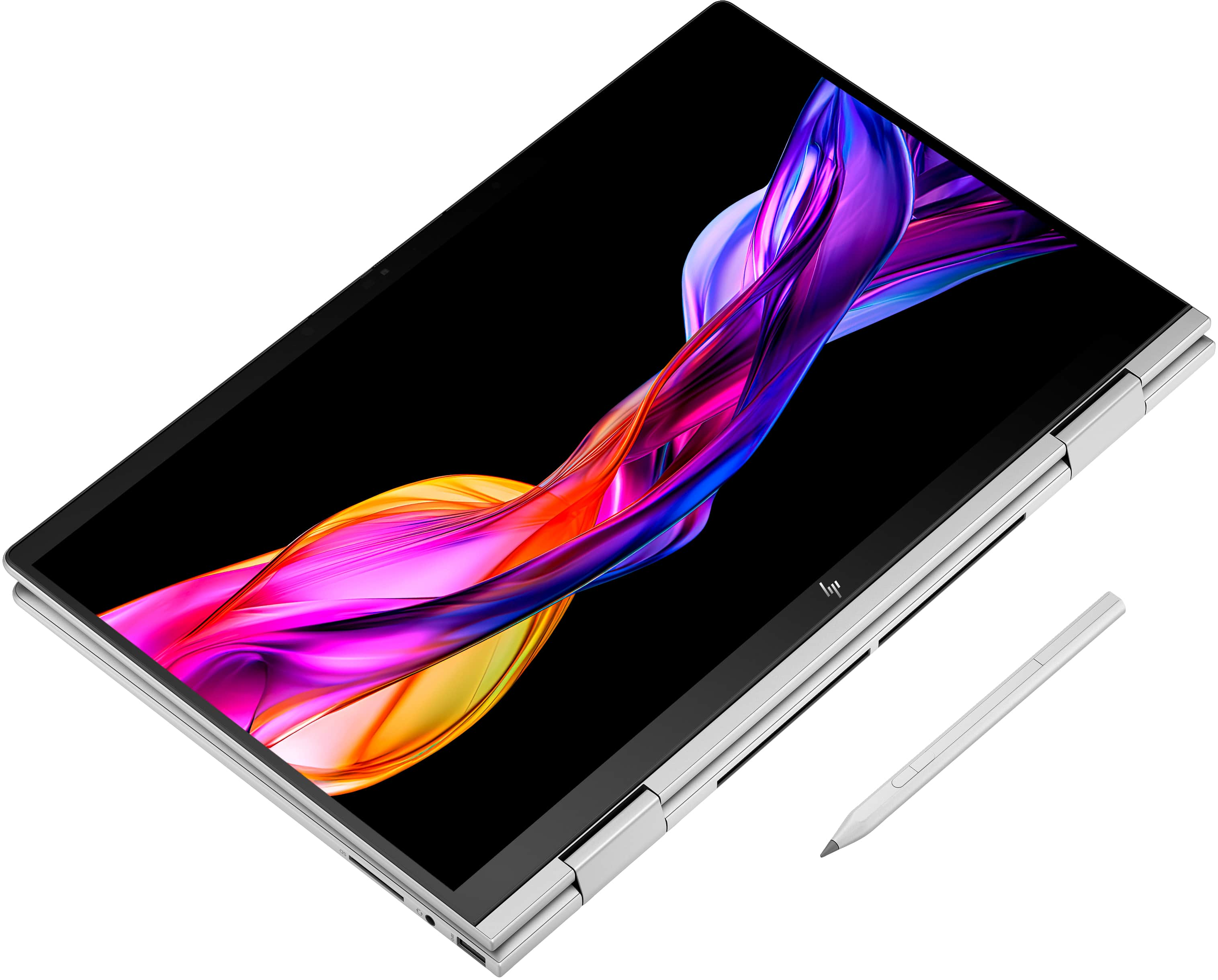 Una laptop plateada con pantalla colorida y un lápiz. Está en ángulo.