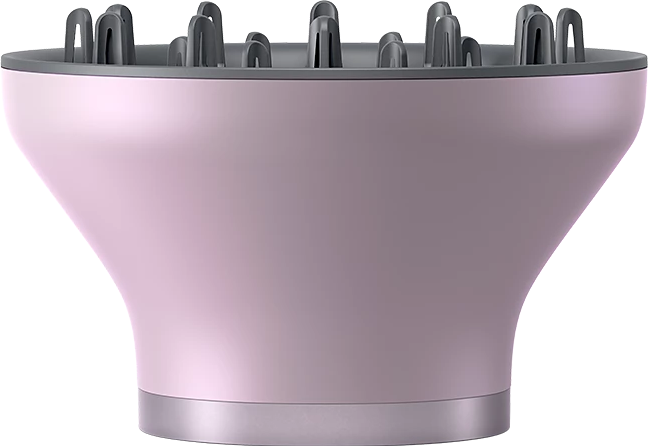Un diffusore per asciugacapelli rosa con dettagli grigi.