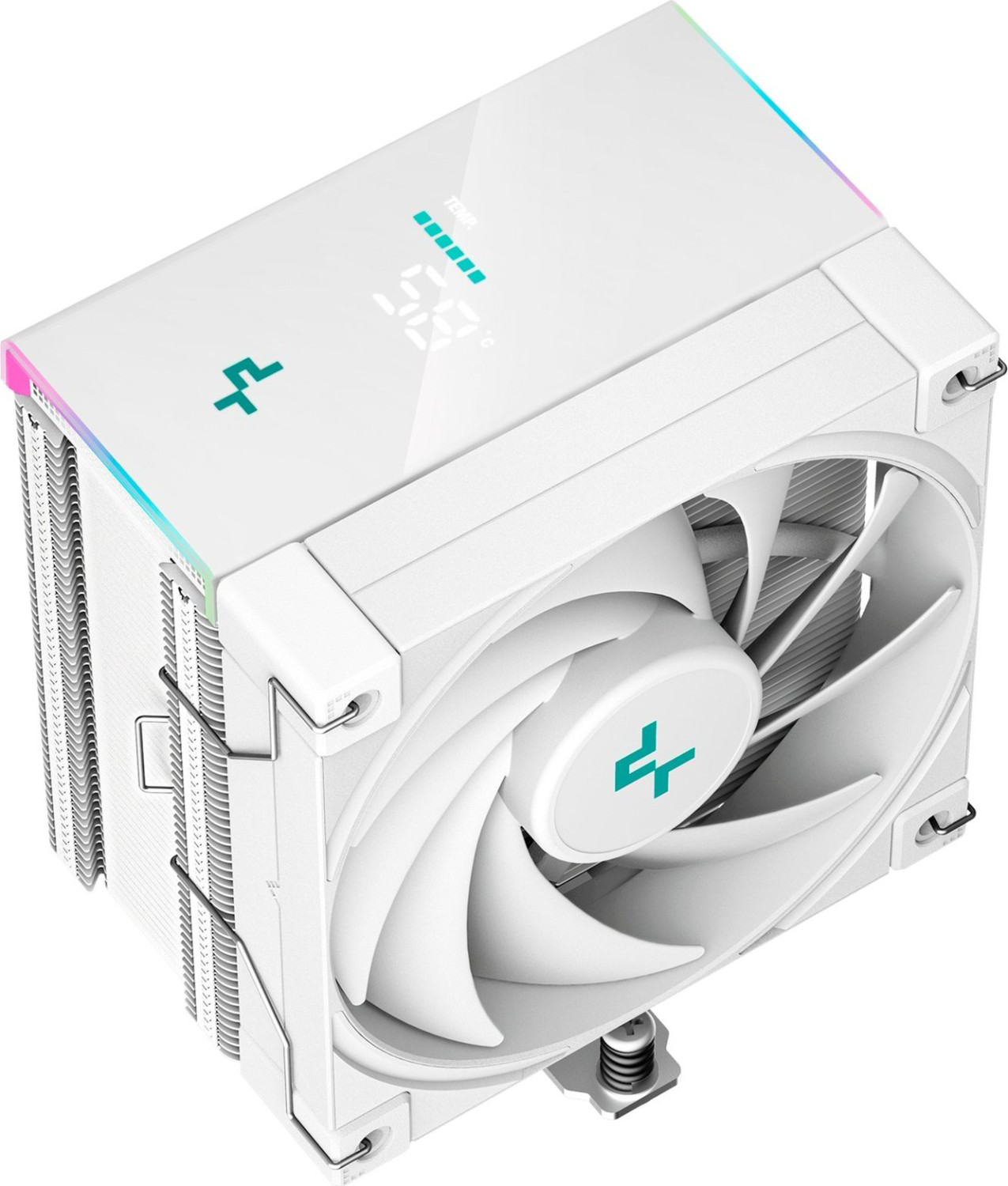 Fehér CPU-hűtő RGB világítással, fehér ventilátorral és digitális hőmérséklet kijelzővel.