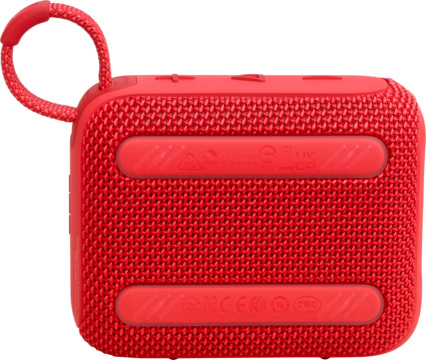 Enceinte JBL rouge avec une poignée, texture en tissu et diverses marques.