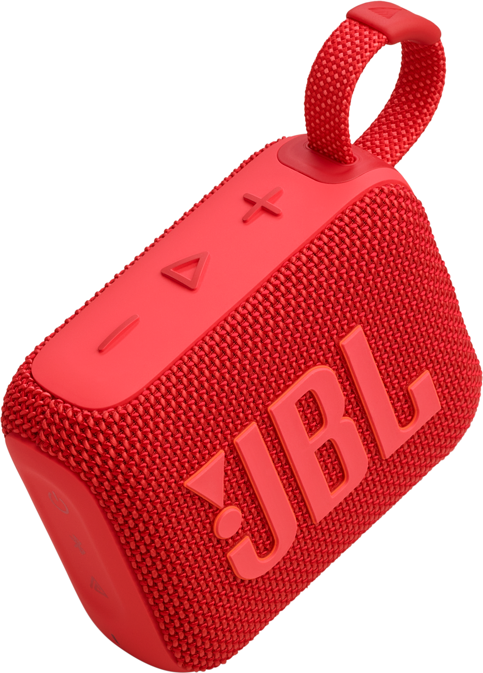 Un haut-parleur portable JBL Go 3 rouge avec un extérieur en tissu et des boutons de contrôle.