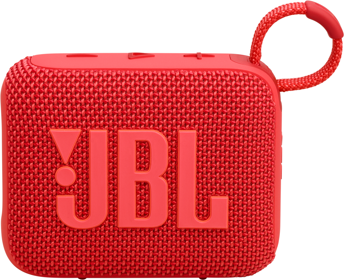 Haut-parleur JBL rouge avec une sangle rouge. Le haut-parleur est rectangulaire et a le texte JBL.