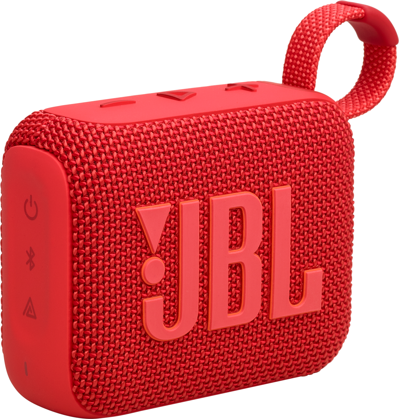Haut-parleur JBL Go 3 rouge avec des boutons, une sangle et le logo JBL.
