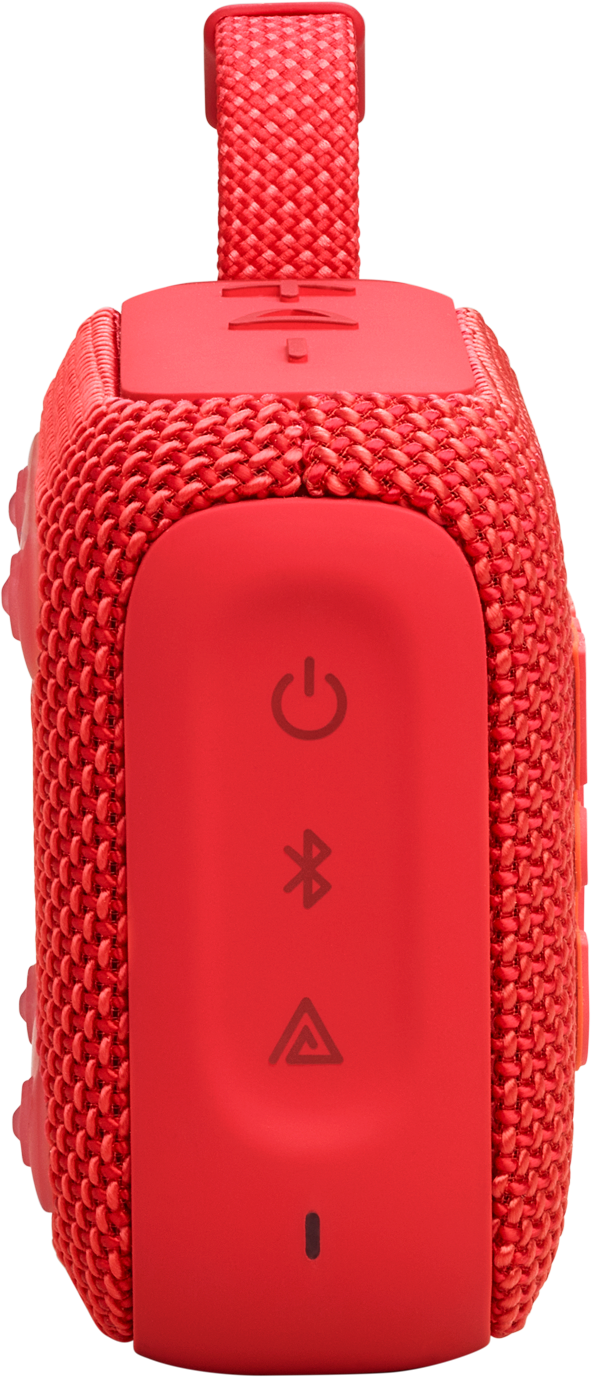 Haut-parleur portable rouge avec boutons de commande sur le côté. Le haut-parleur a une sangle de transport en haut.