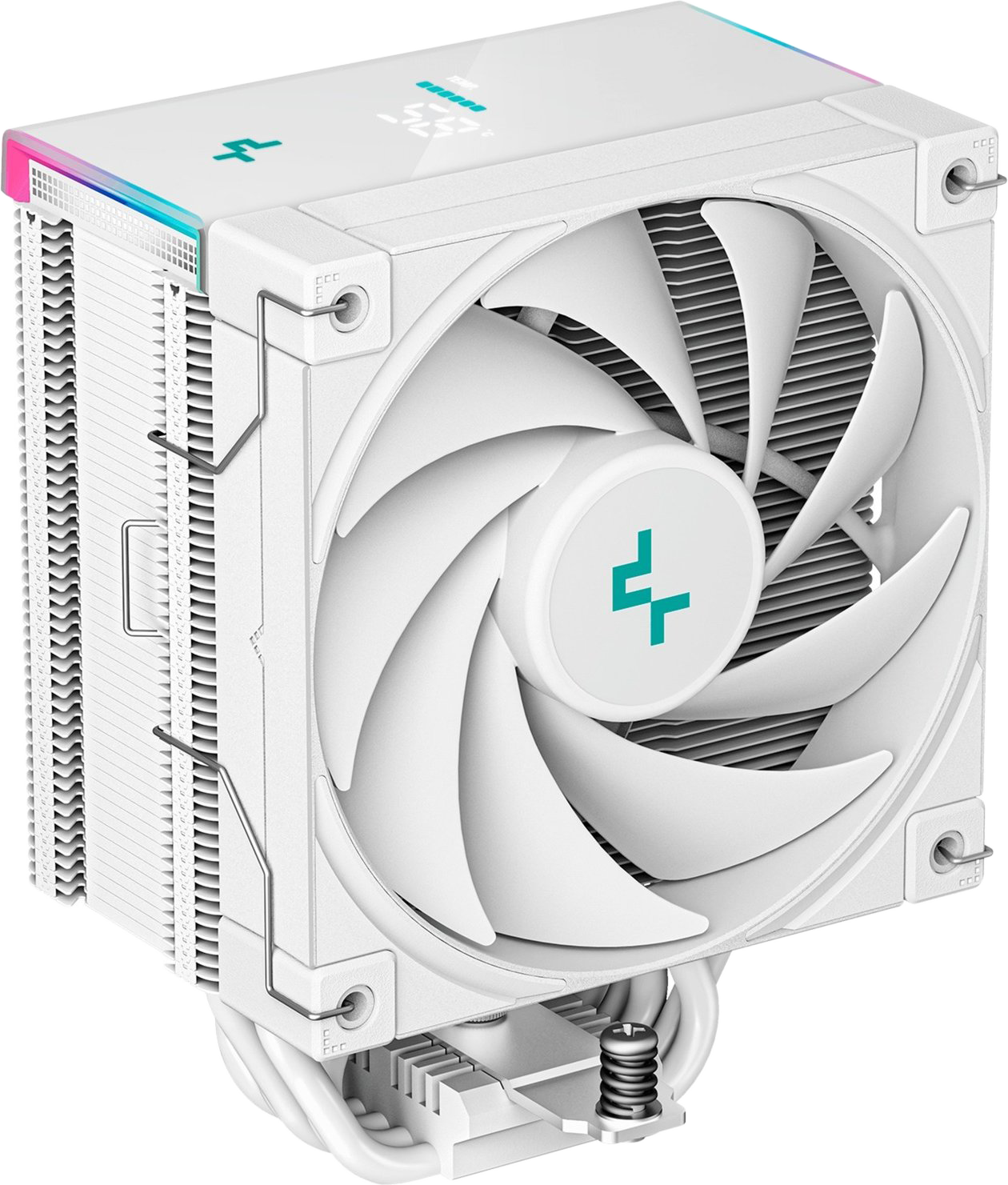Fehér CPU hűtő ventilátorral és színes LED-ekkel.