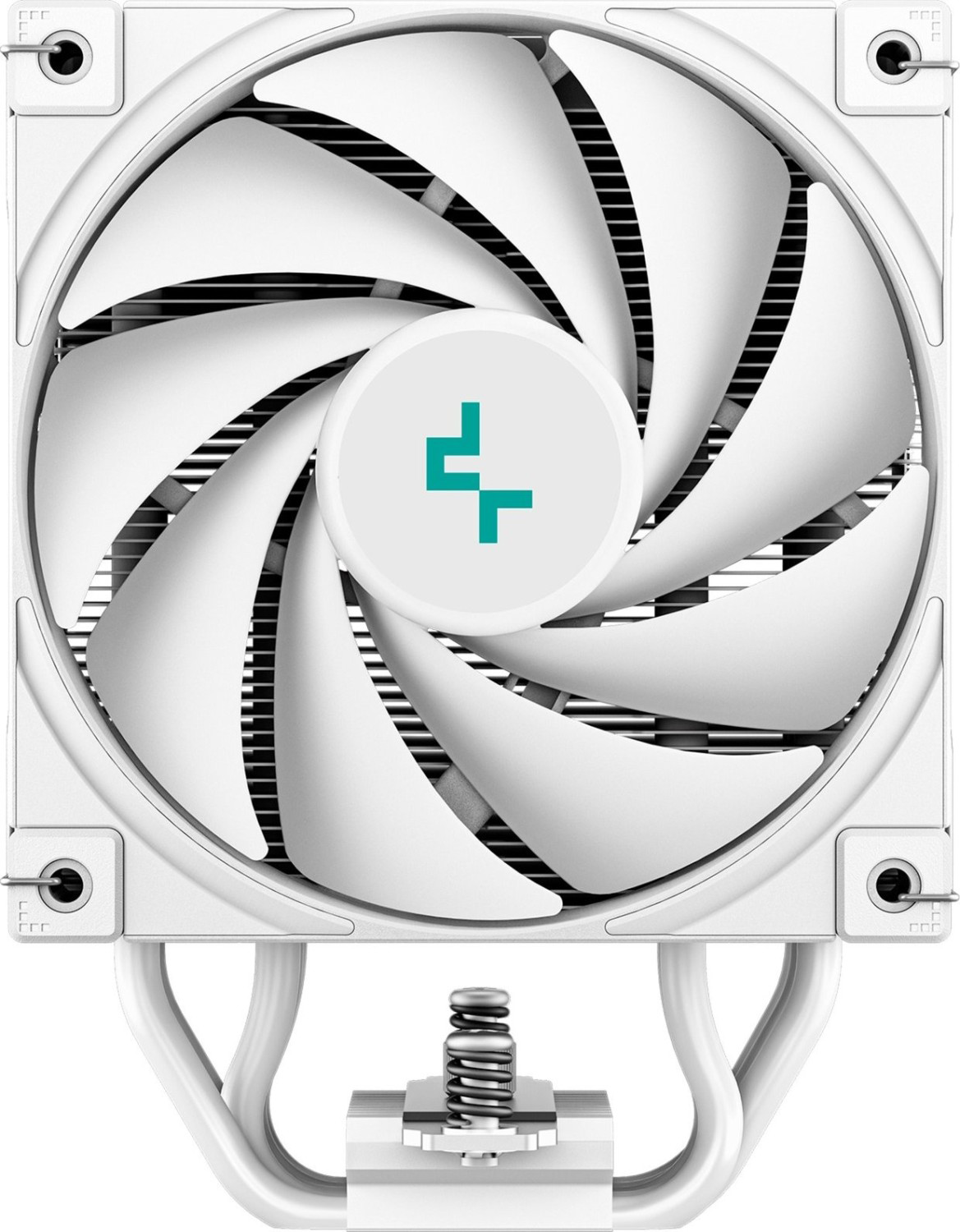 Fehér CPU hűtőventilátor. A ventilátor kör alakú. Fehér háttér.