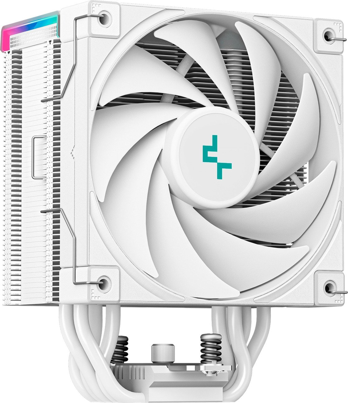 Egy fehér CPU-hűtő nagy ventilátorral, fehér lapátokkal és egy kék-zöld logóval.