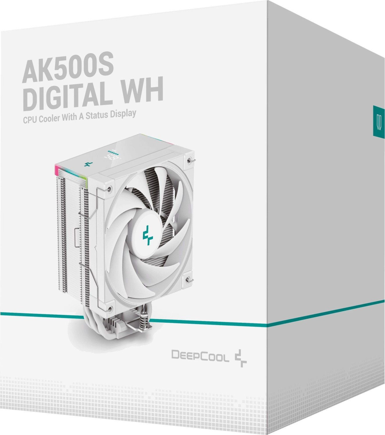 Fehér CPU hűtő fehér dobozzal, szöveggel és a DeepCool logóval.