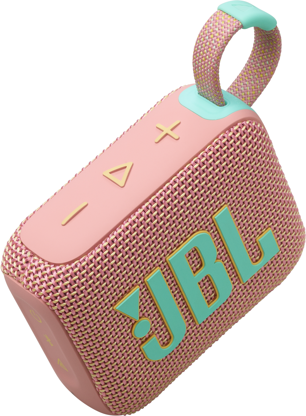 Rosa JBL Go 3 Lautsprecher, mit türkisfarbenen Akzenten, Mesh-Bezug und Trageschlaufe.