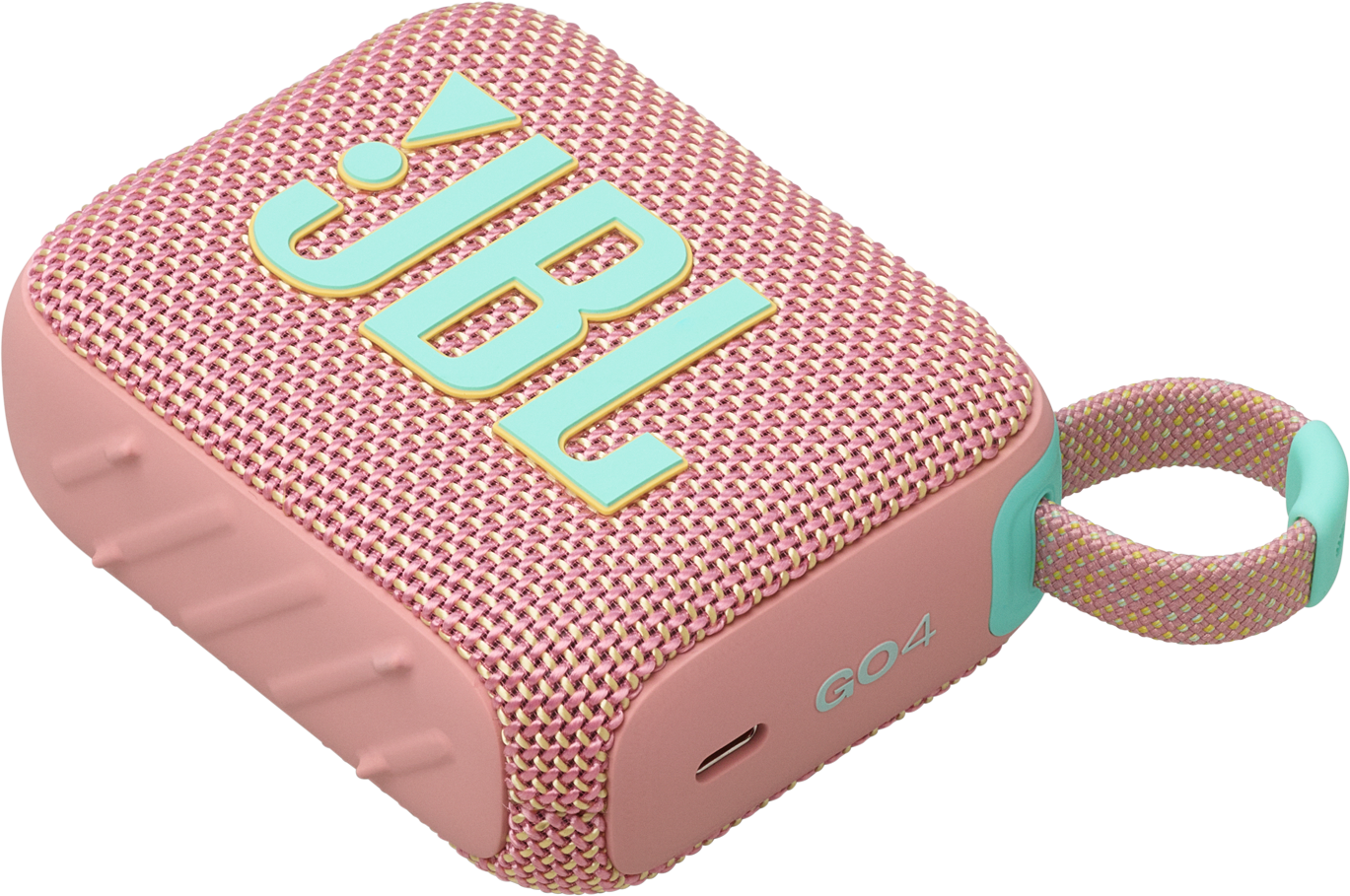 Rosa JBL Go 4 Lautsprecher mit türkis JBL Logo, Mesh-Abdeckung und Trageschlaufe.