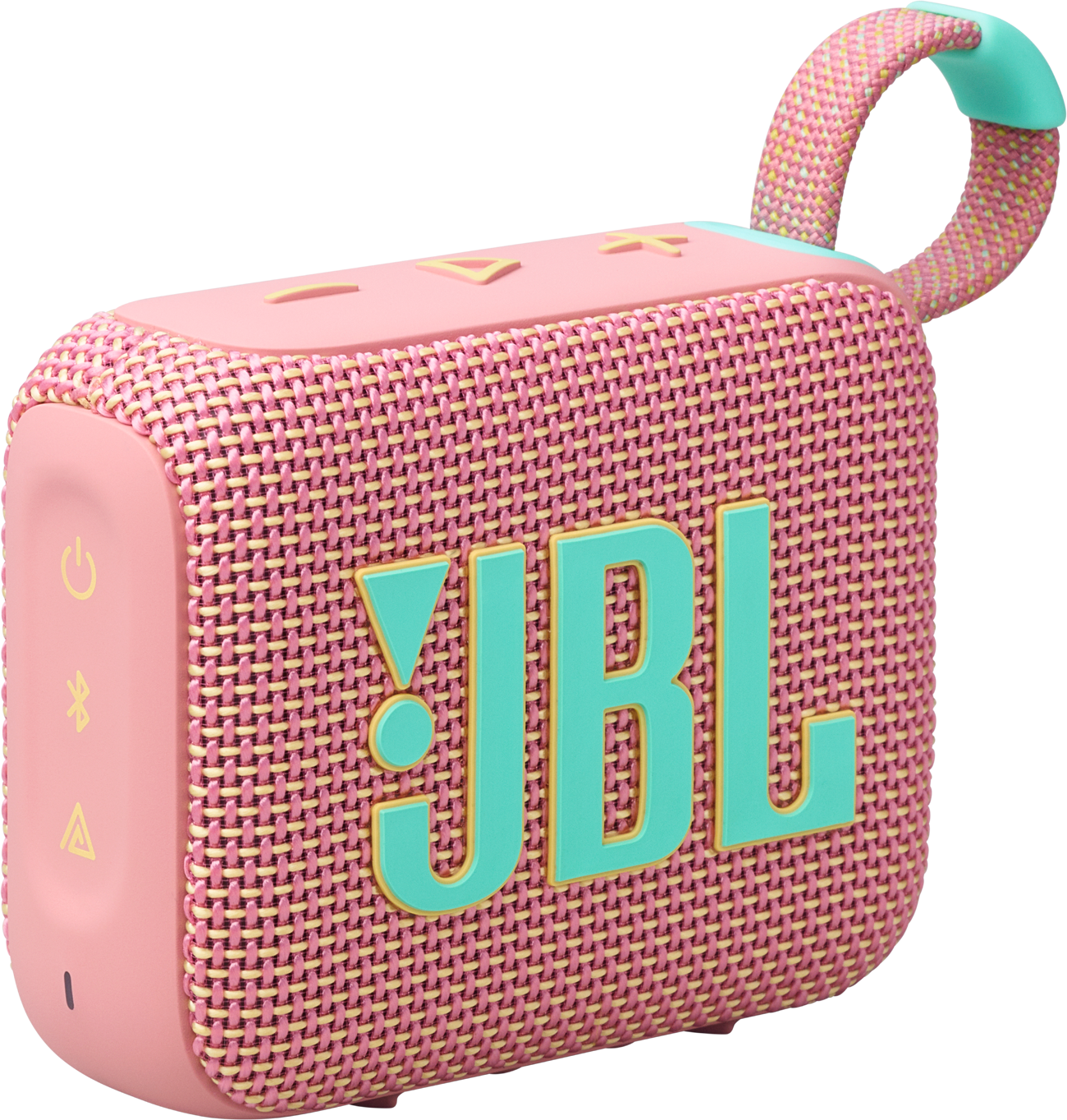 Rosa und gelber JBL Go 3 Lautsprecher mit Trageschlaufe.
