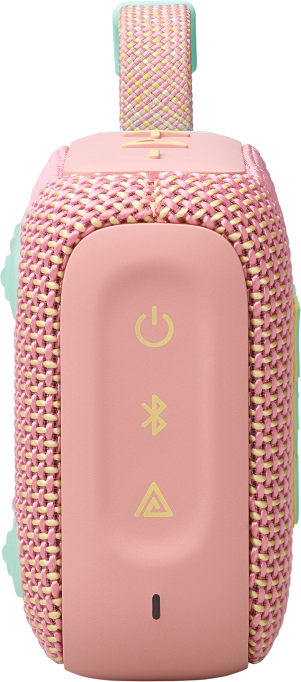Rosa-weißer Lautsprecher mit türkisfarbenen Akzenten. Mit Ein-/Ausschalter, Bluetooth und Wiedergabe/Pause-Tasten.