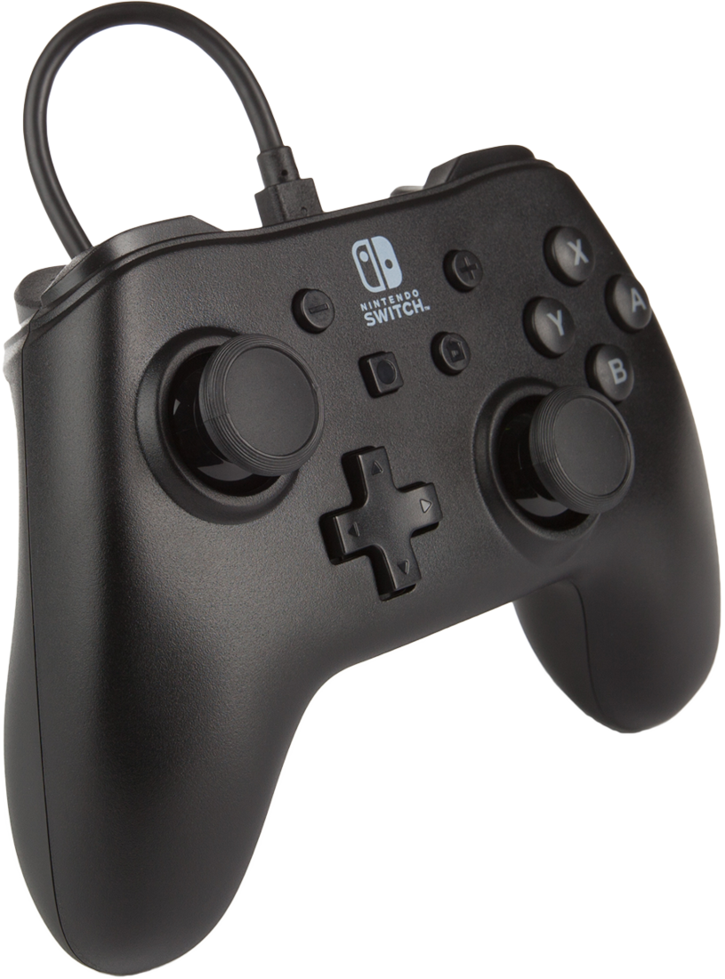 Egy fekete Nintendo Switch kontroller gombokkal és kábellel.