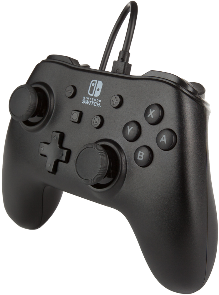 Fekete Nintendo Switch vezérlő különböző gombokkal és kábellel.