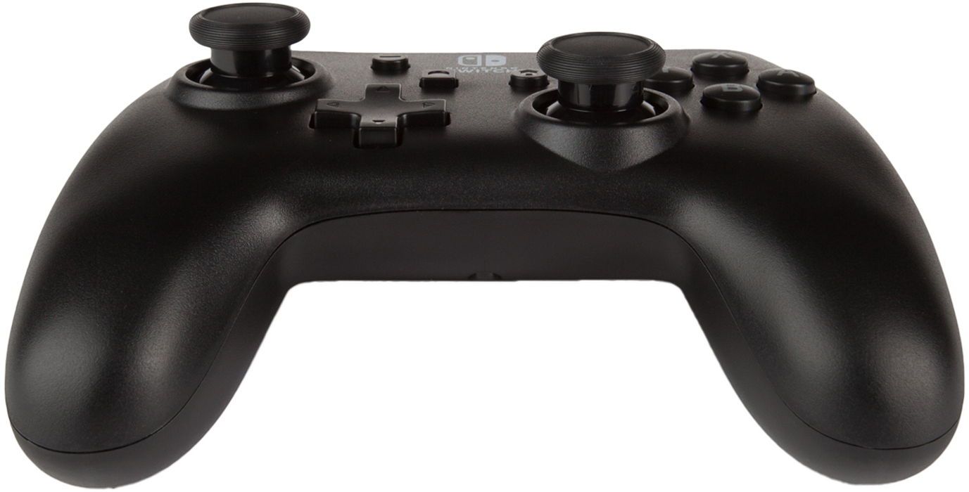 Fekete Nintendo Switch kontroller, felülnézet. Fekete gombok, fekete joystickek, fehér háttér.