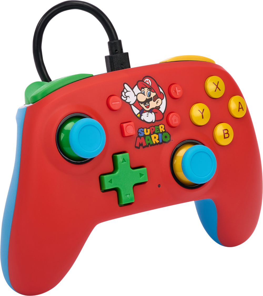 Piros Super Mario kontroller Mario képpel. Zöld, kék és sárga gombok. Fekete kábel.