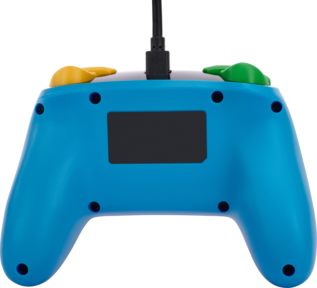 Kék gamepad vezérlő sárga és zöld gombokkal, USB-C porttal.