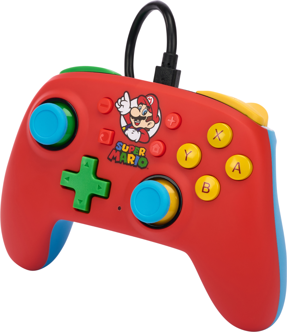 Piros Super Mario kontroller. Zöld kereszt, kék és sárga gombok, fekete vezeték.